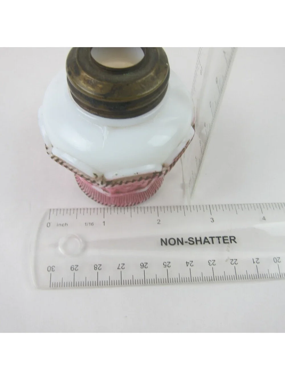 Antique Miniature Oil Lamp Base Pink & White Milk Glass Basket Weave 3